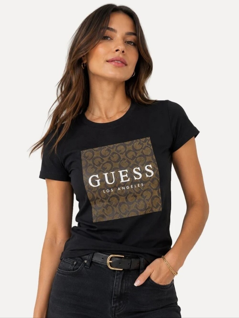 GUESS Black Short Sleeve Logo Tee with Brown Monogram Print